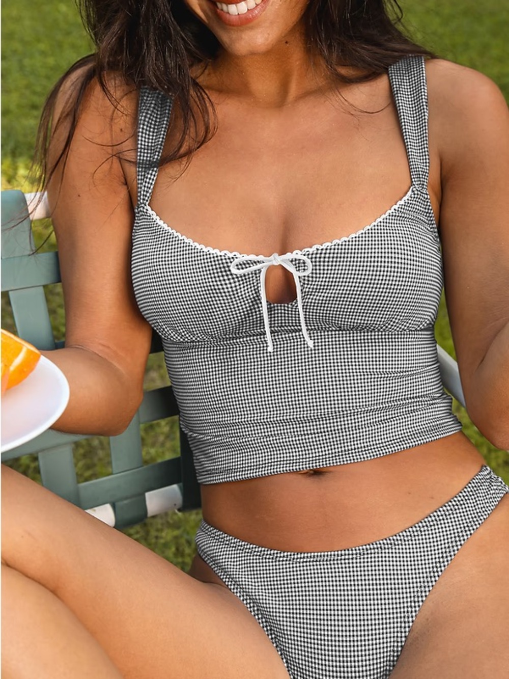 Cupshe Gingham Tie-Front Tankini Top and Bikini Bottom - Black/White